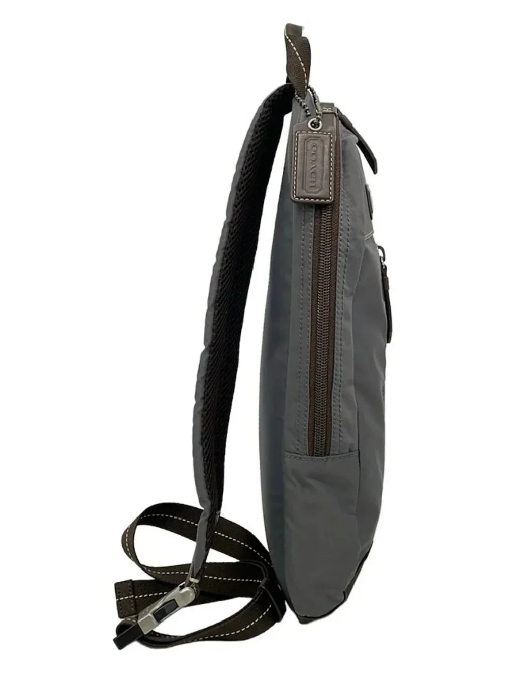 COACH Varick Nylon Sling Pack F70692 Gray Dark Brown Nylon Leather Backpack